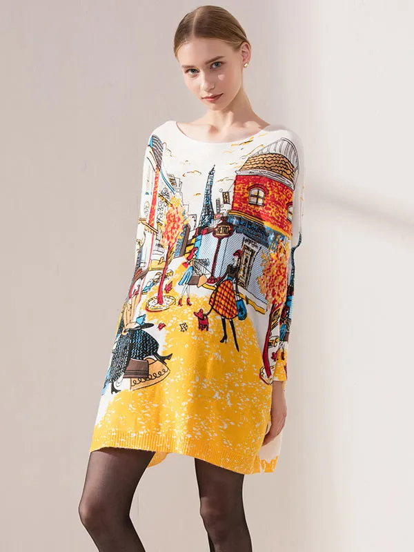 Original Loose Cartoon Printed Round-Neck Long Sleeves Sweater Dress