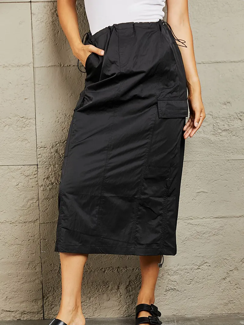 Women's High Waisted Cargo Midi Skirt in Black