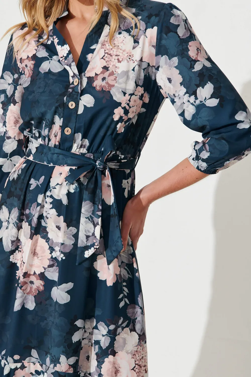 Jemimah Midi Dress In Teal With Blush Floral Print