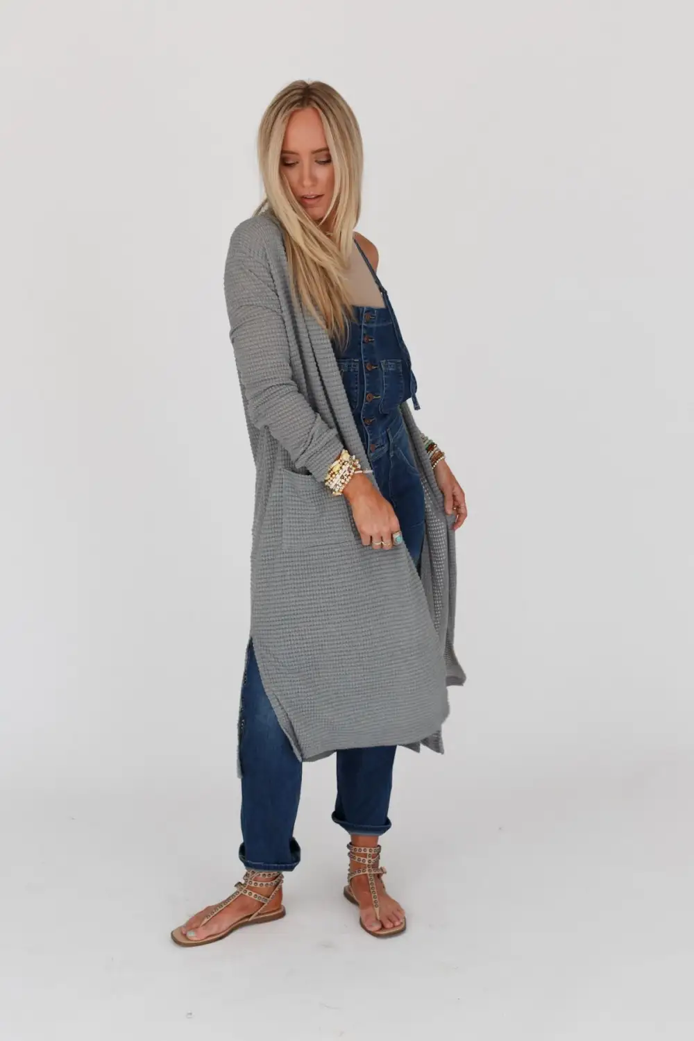 Jayde Waffle Knit Cardigan - Heather Gray