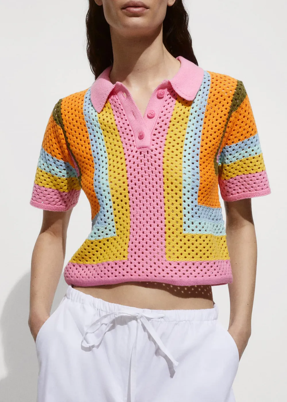 Combined crochet polo shirt