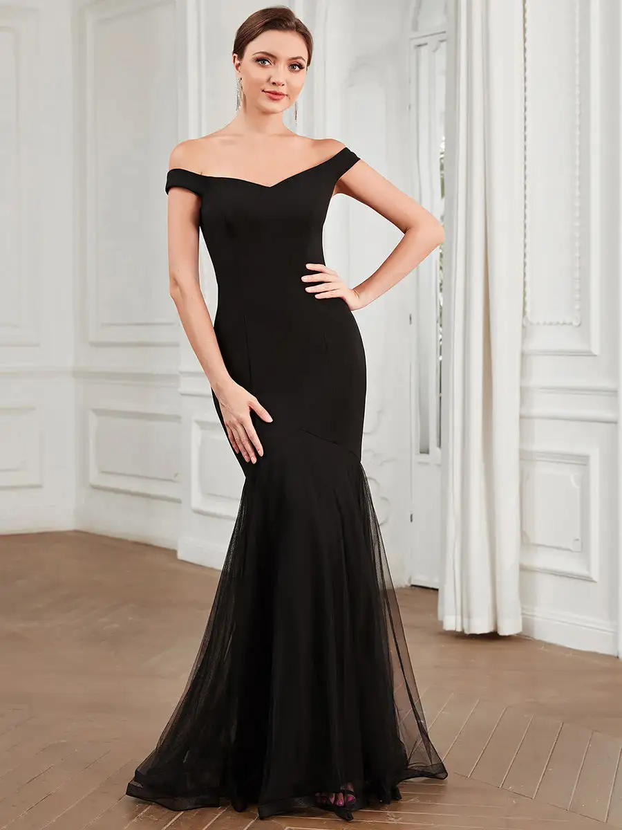 V Neck Floor Length Off Shoulders Fishtail Wholesale Evening Dresses