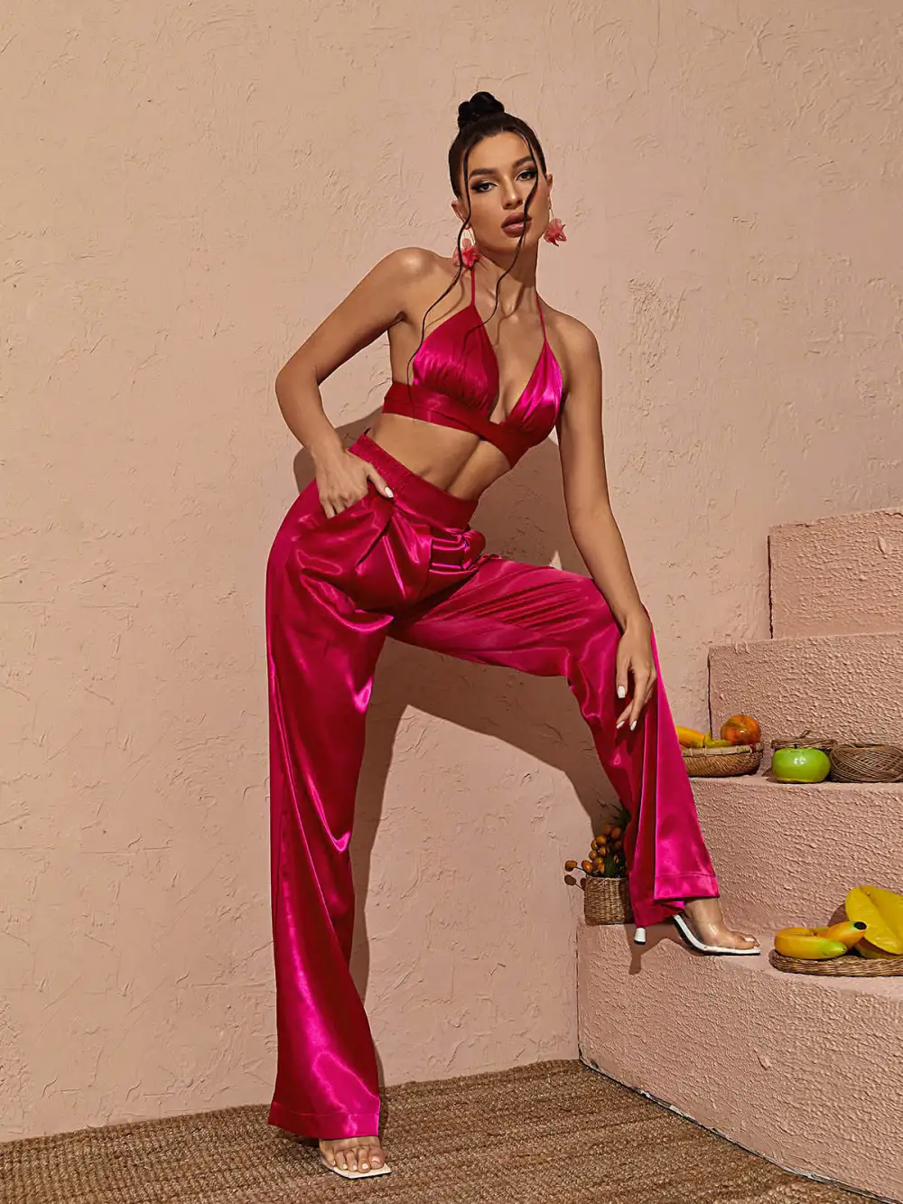 Zariyah Halterneck Satin Set In Hot Pink