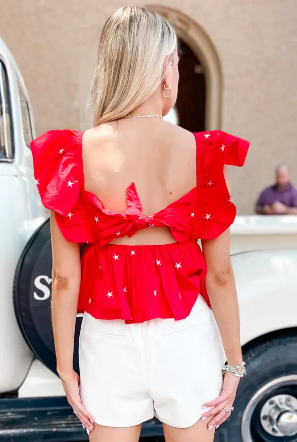 Star Embroidered Tie Back Top