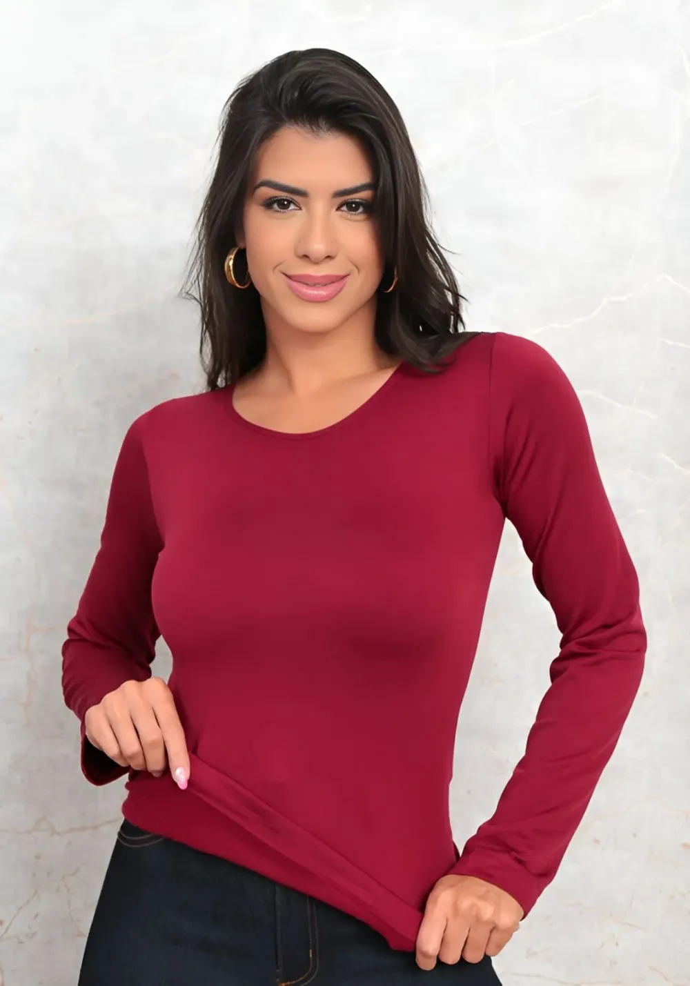 Cold Thermal Blouse Second Skin Long Sleeve Plush Lining Marsala