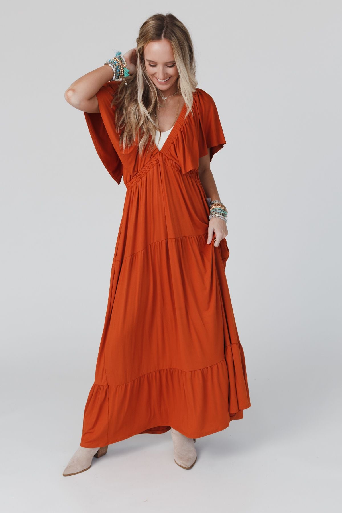 On Repeat Open Back Ruffle Maxi Dress - Spice