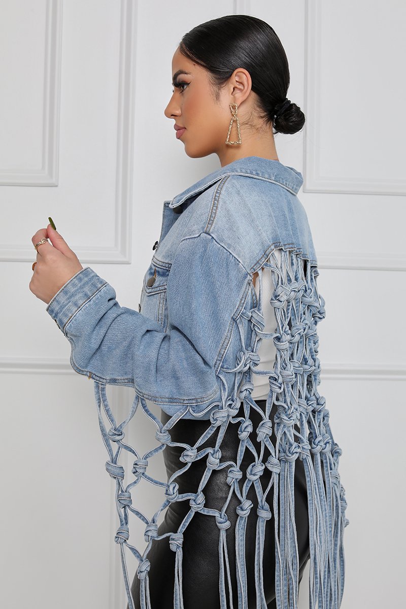 Back Knotted Fringe Denim Jacket Long Sleeve Coat