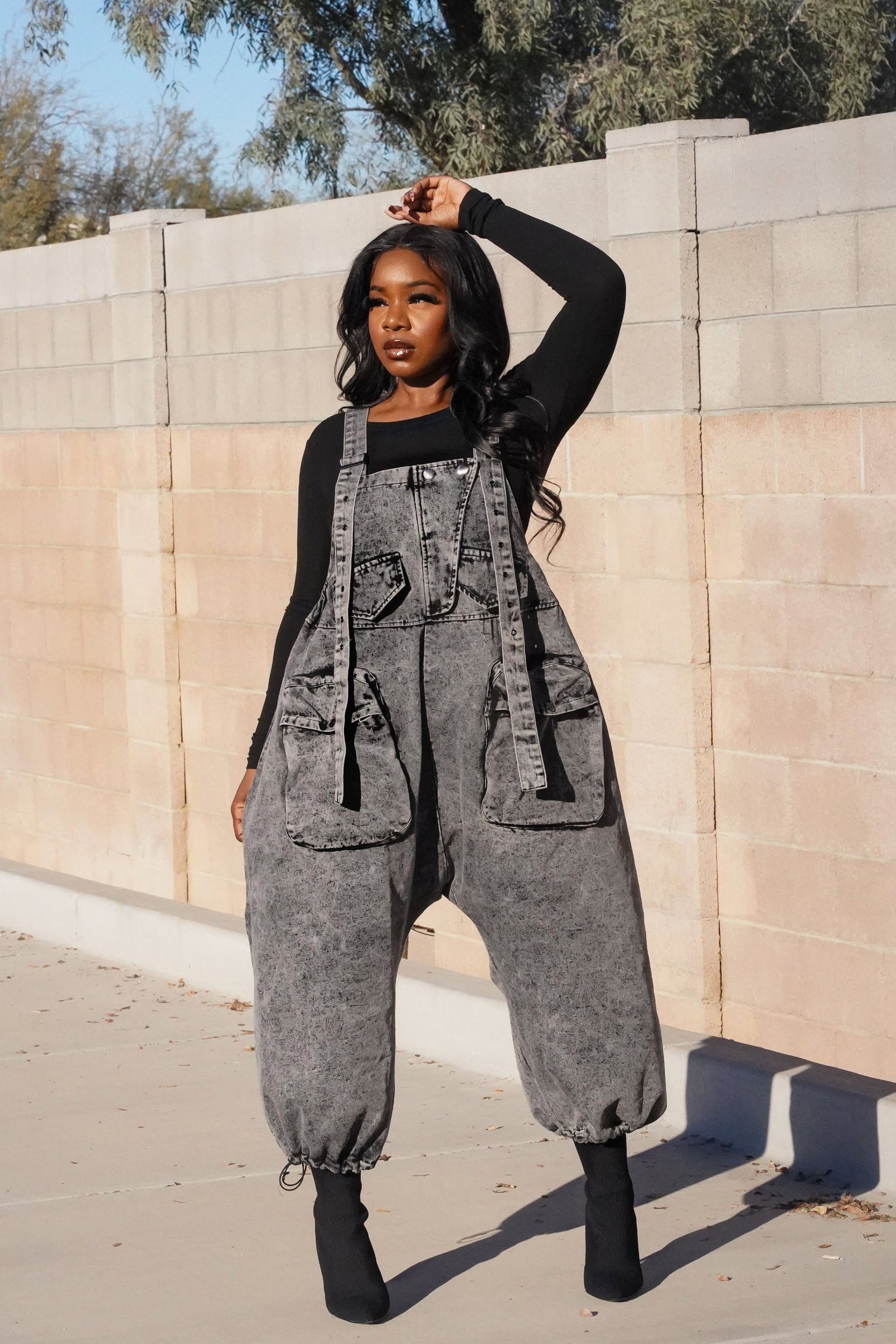 Denim Square Neck Pocket Sleeveless Harem Overalls