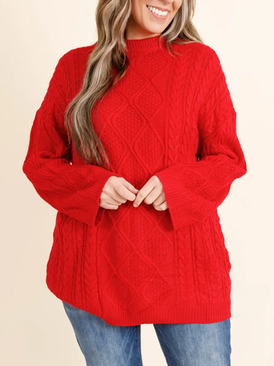 Red jacquard pattern loose knit sweater