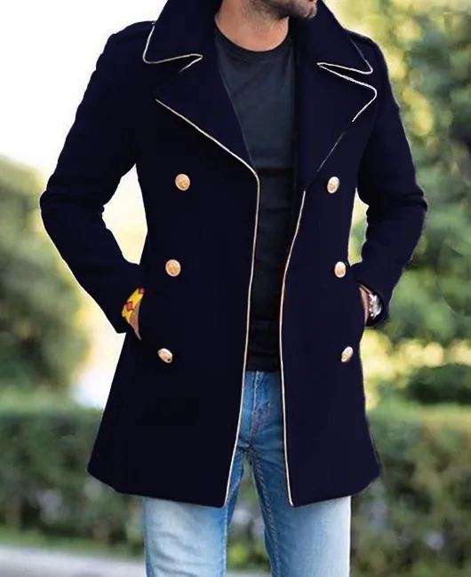 Notch Lapel Contrast Binding Double Breasted Pockets Coat