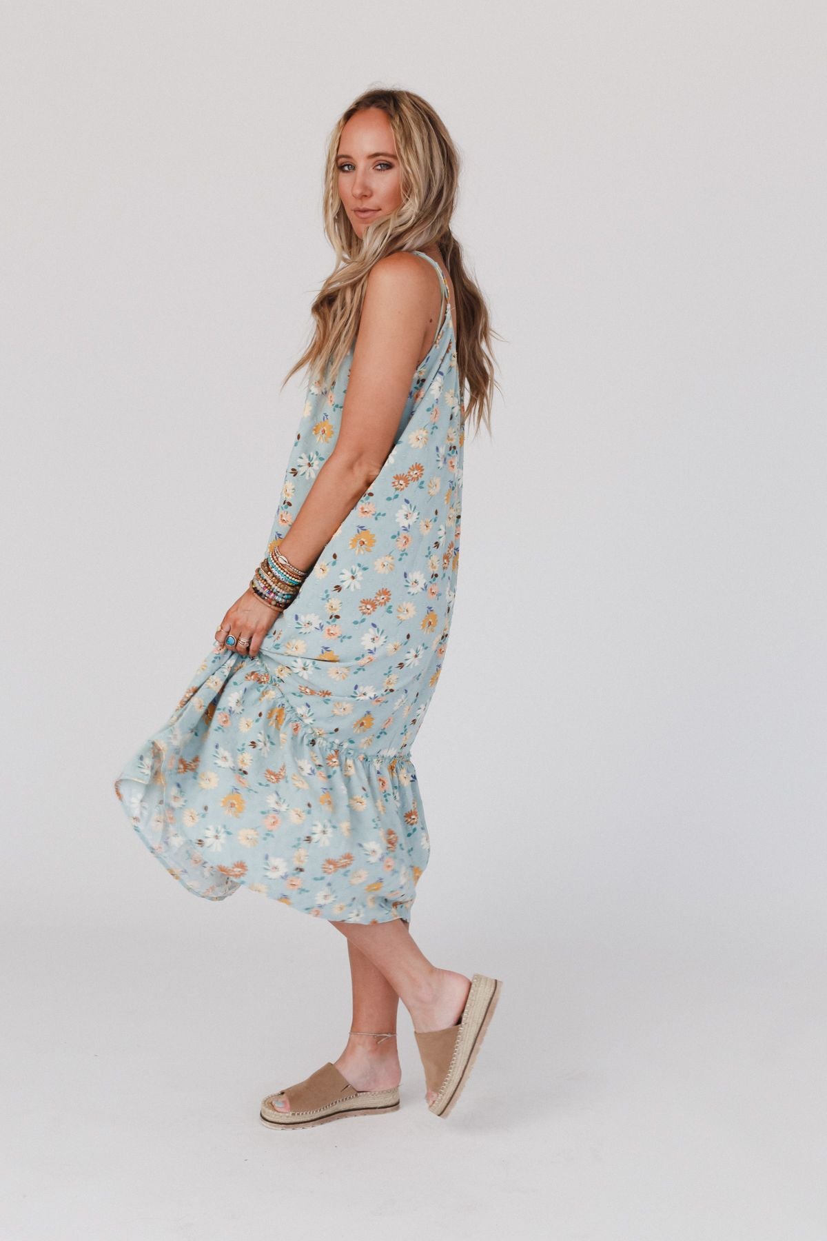 Elliotte Floral Ruffle Midi Dress - Seafoam