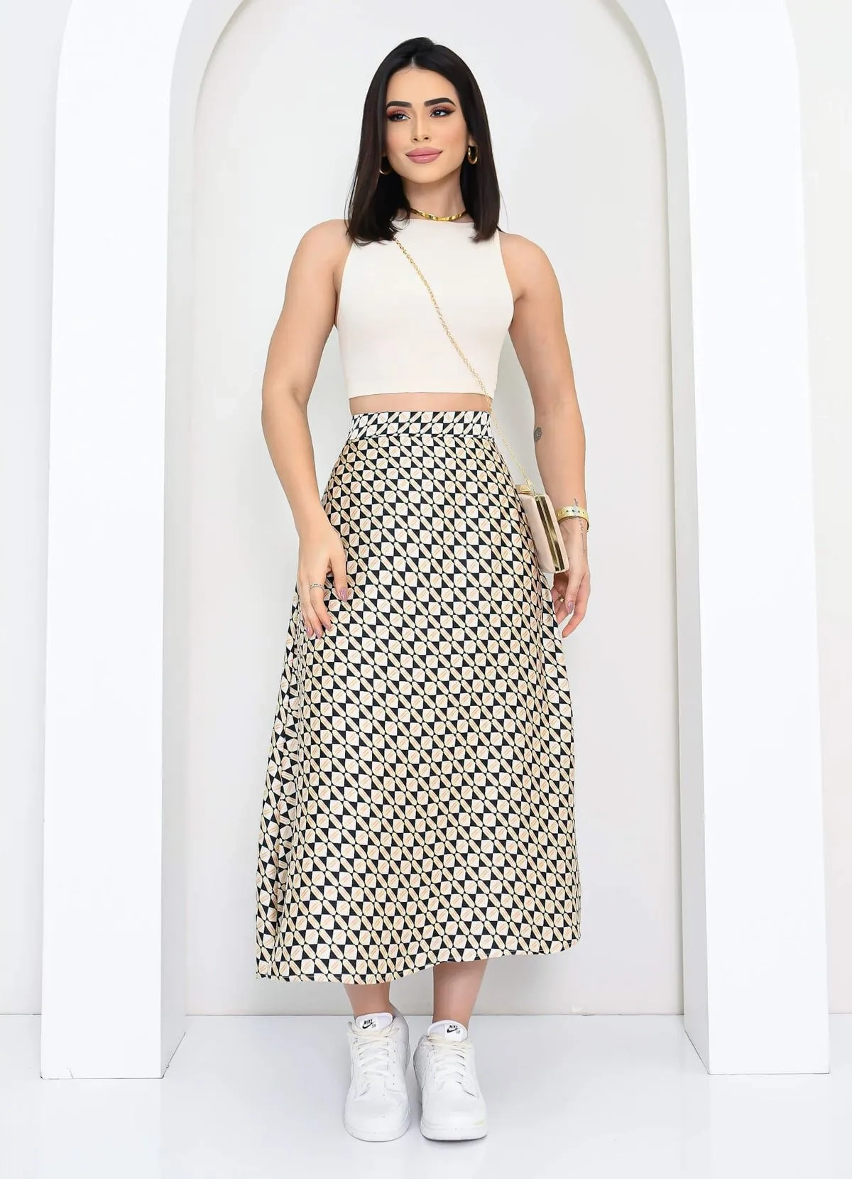 Coffee High Waist Midi Skirt - P;Beige