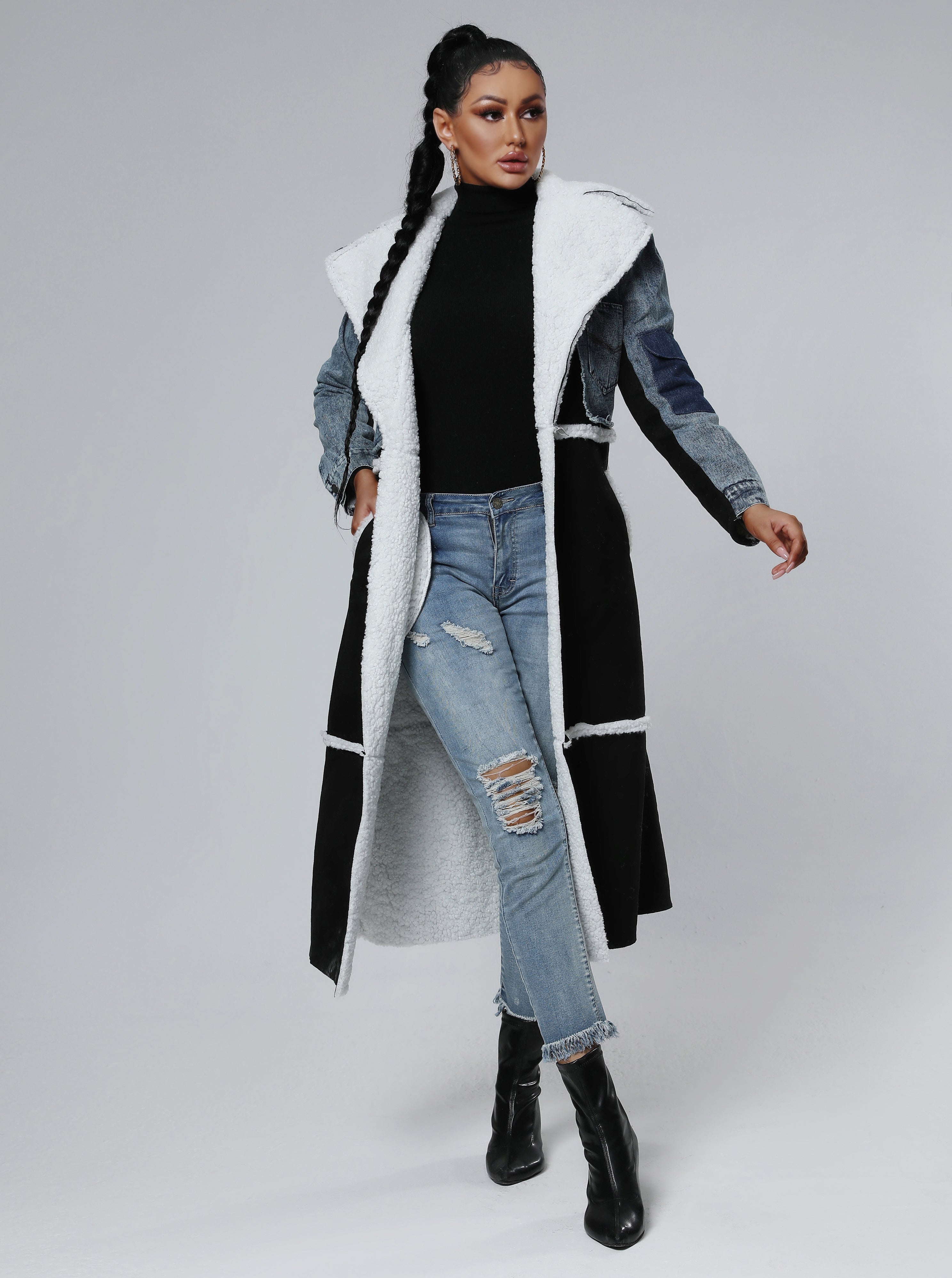 Winter Stitching Fur & Denim Coat Long Outerwear