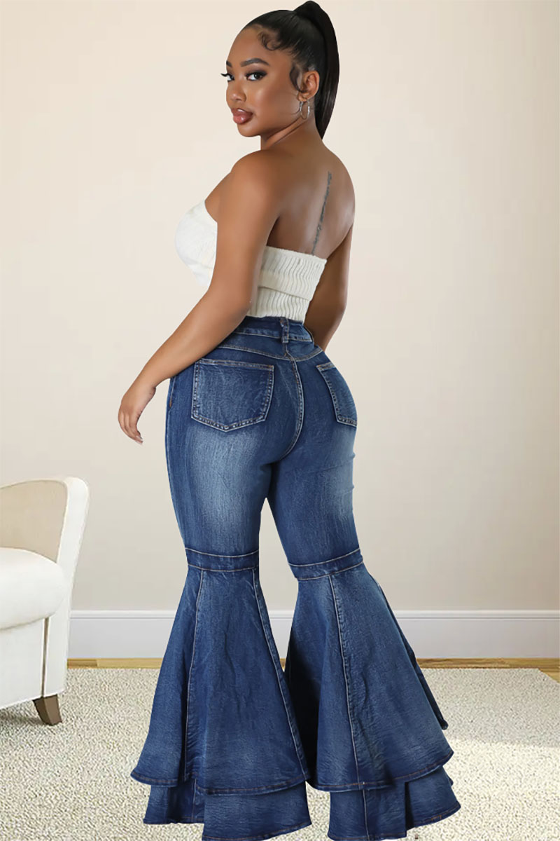 Ruffled Denim Stitching Flared Pants