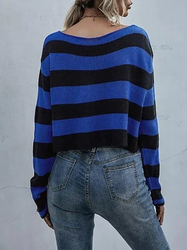 Striped Distressed Drop Shoulder Crop Sweater