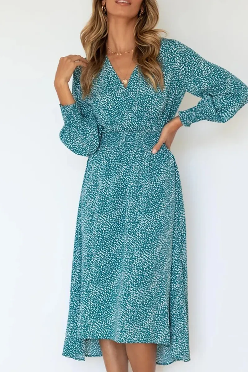 Elegant Print Split Joint V Neck Dresses