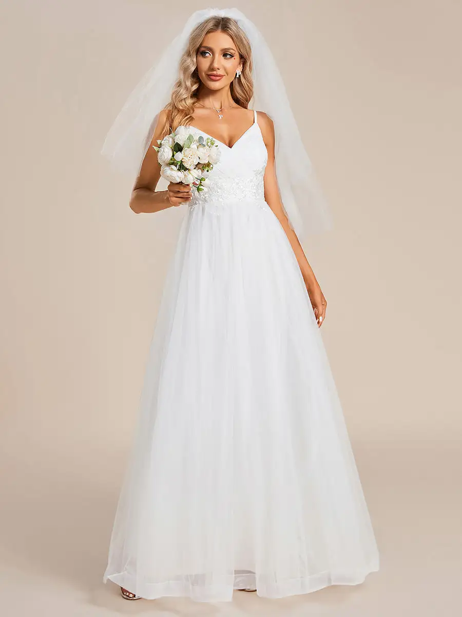 Elegant Spaghetti Straps Appliques Tulle Wholesale Wedding Dresses