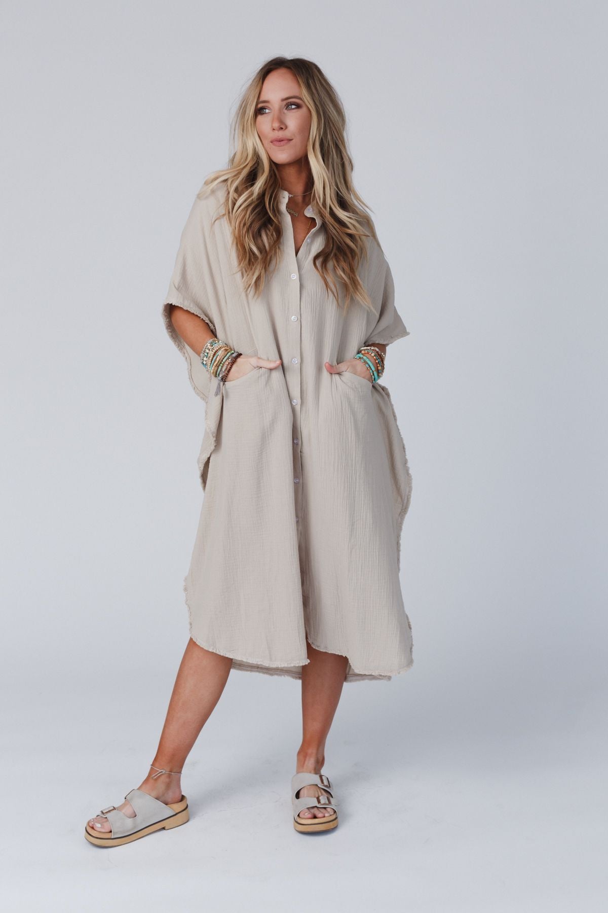 All My Days Button Down Midi Dress- Taupe