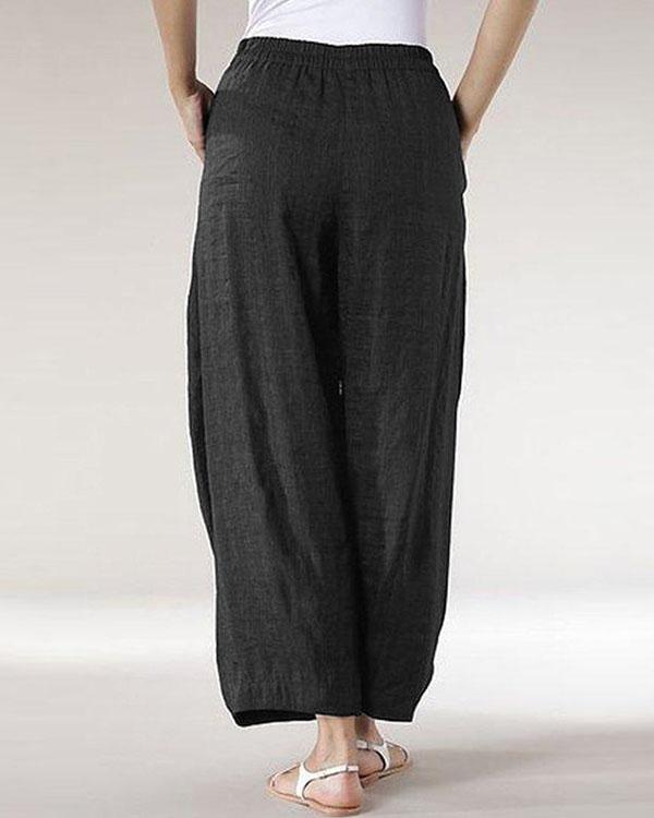 Casual Solid Patchwork Wide Leg Linen Pants