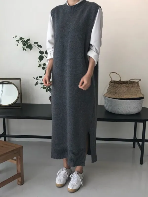 Urban Loose Sleeveless Solid Color Round-Neck Midi Dresses Sweater Dresses