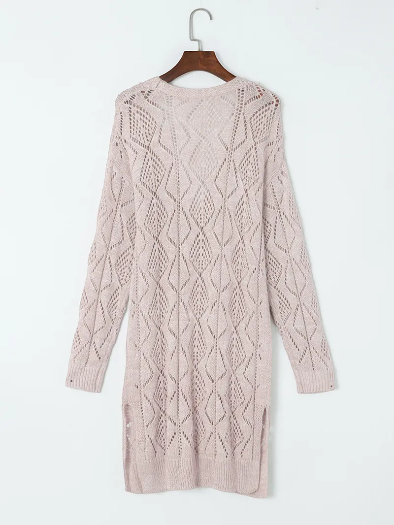 Khaki Hollow-out Openwork Knit Cardigan