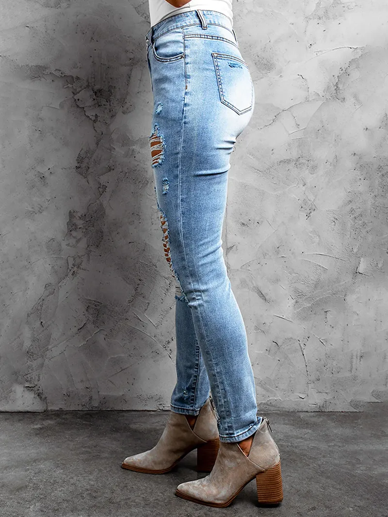 Casual ripped solid color women's jeans