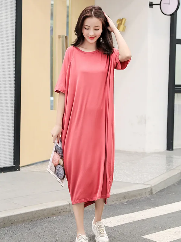 Simple Loose Half Sleeves Solid Color Round-Neck Pajamas Dress