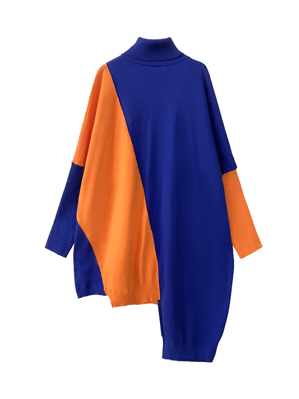 Batwing Sleeves Long Sleeves Asymmetric Contrast Color Split-Joint High Neck Midi Dresses Sweater Dresses