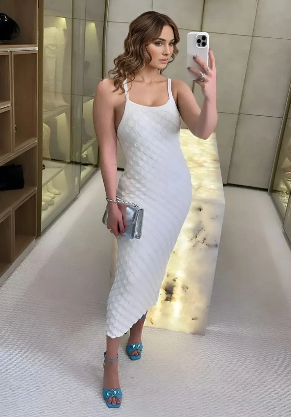 Mermaid Scales Midi Dress in White Knit