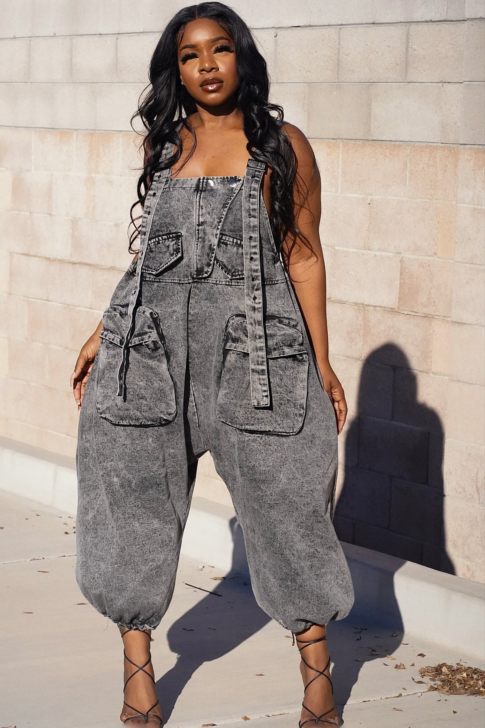 Denim Square Neck Pocket Sleeveless Harem Overalls