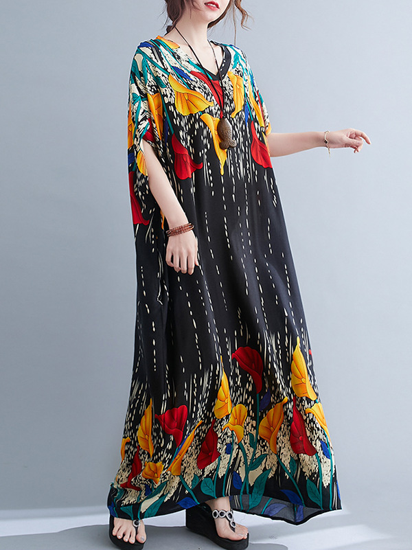 Ethnic Printed Vintage Super Loose Batwing Sleeve Dress