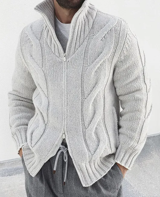 High Neck Two-way Zipper Twist Knit Sweater