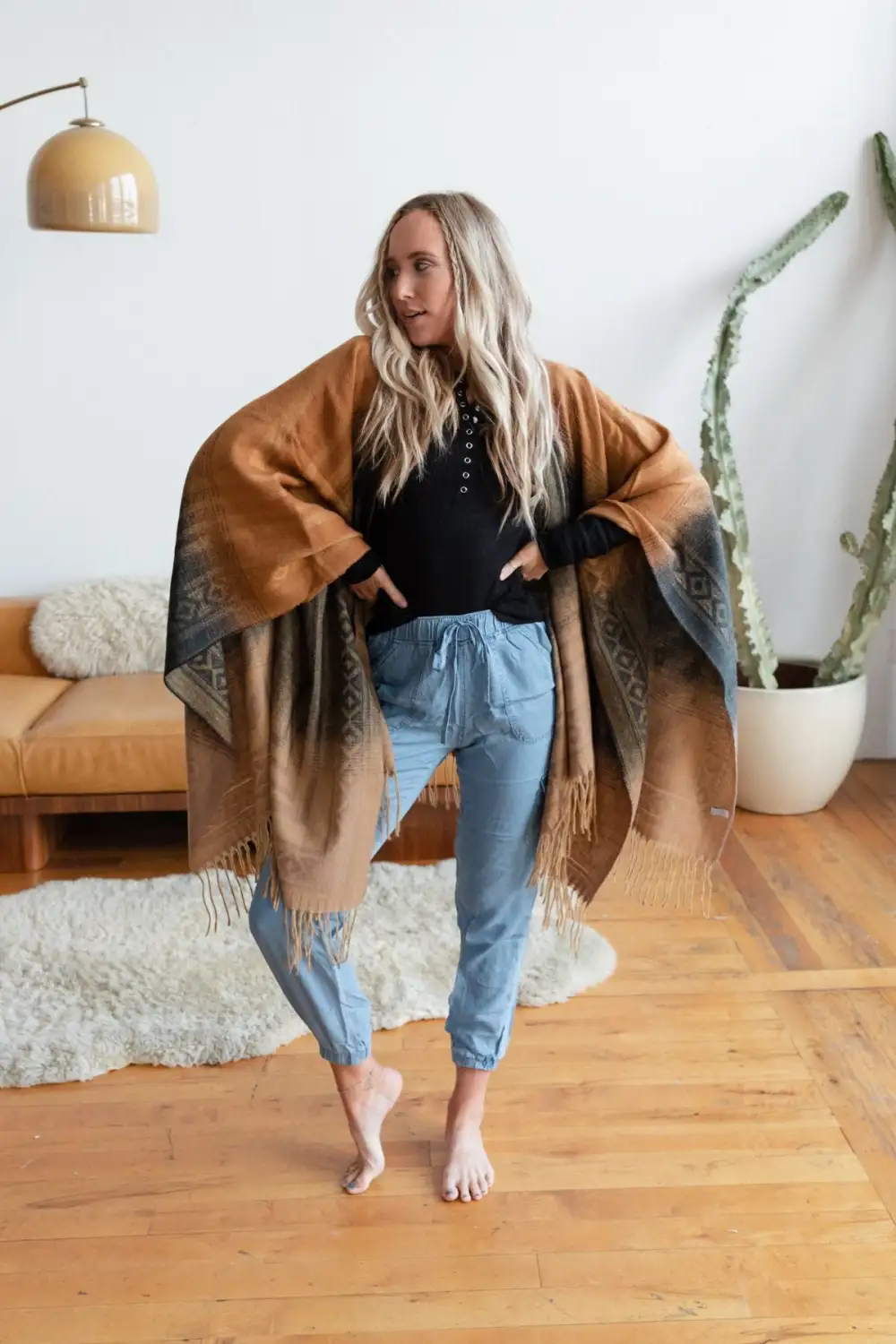 Way Out West Knit Kimono Shawl - Charcoal