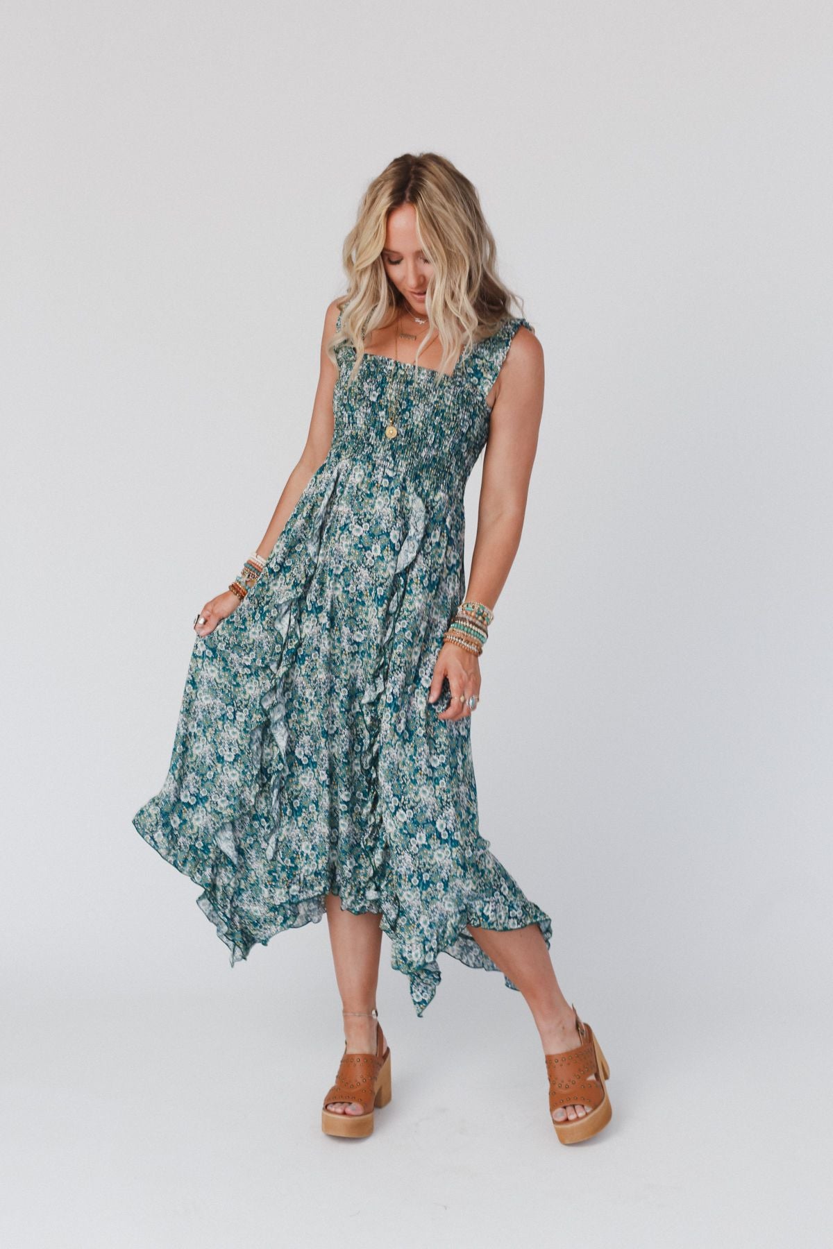 Smitten Smocked Ruffle Maxi Dress - Green