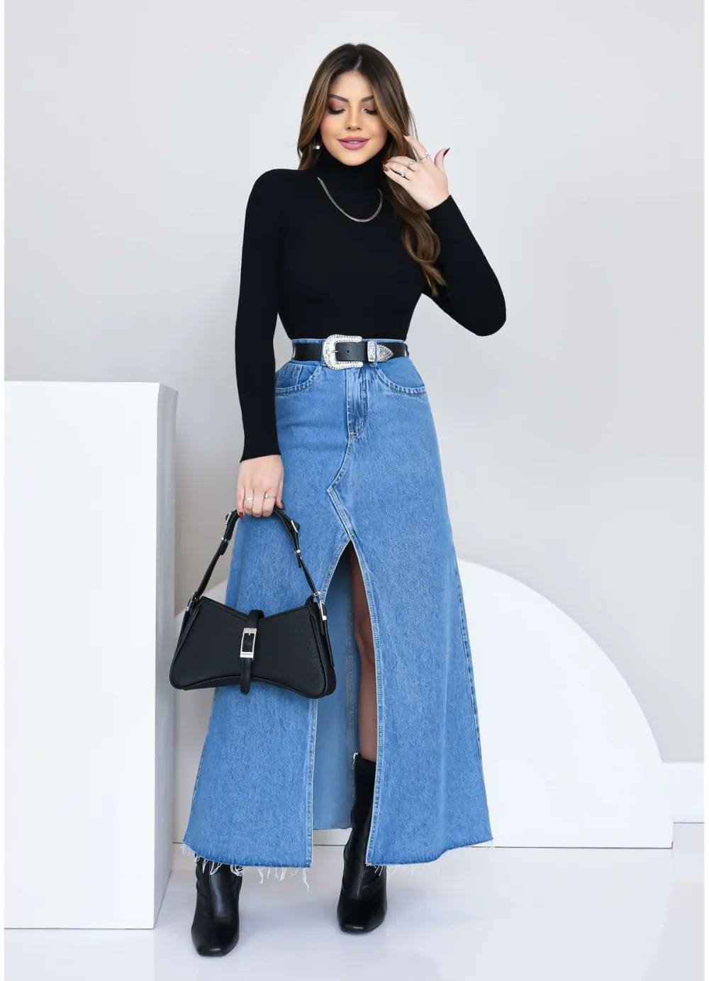 LONG SLIT JEANS SKIRT WITH FRAYED HEM