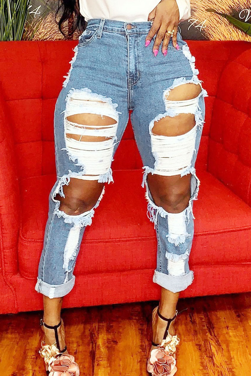 High Waisted Straight Leg Ripped Denim Trousers