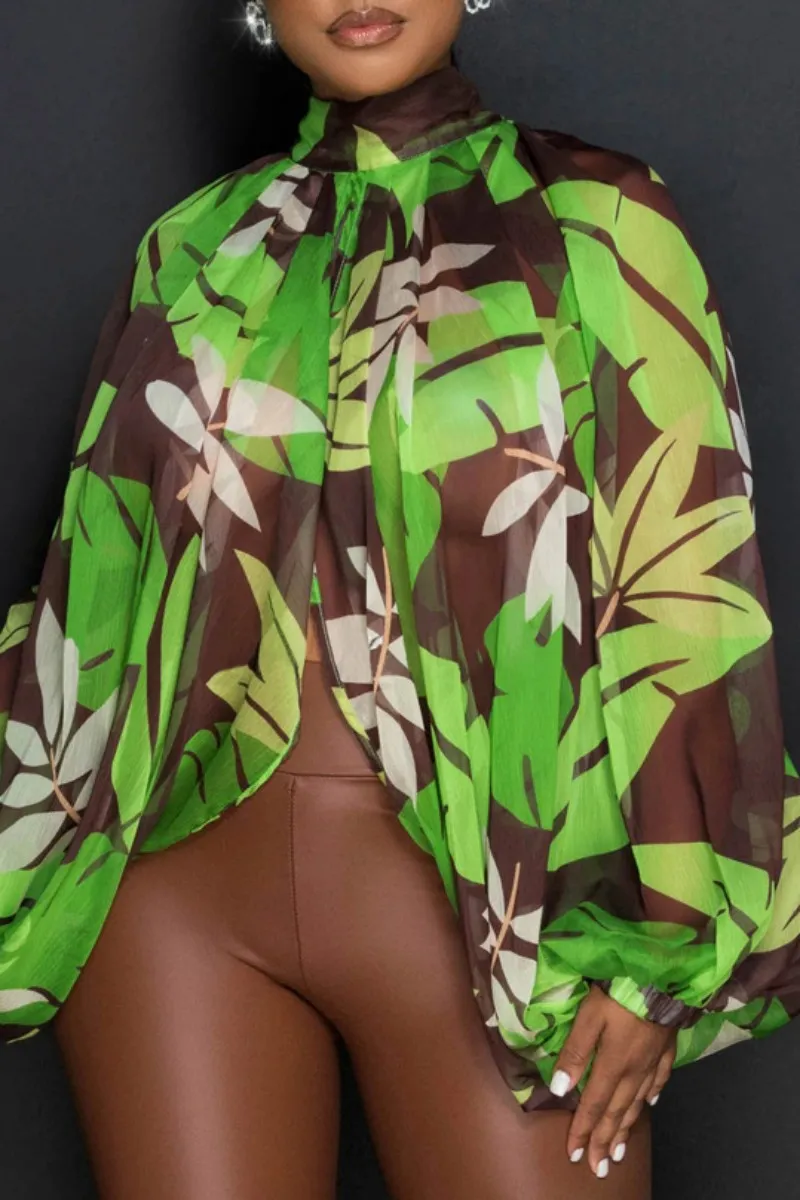 Light Green Casual Print Patchwork Slit Half A Turtleneck Tops