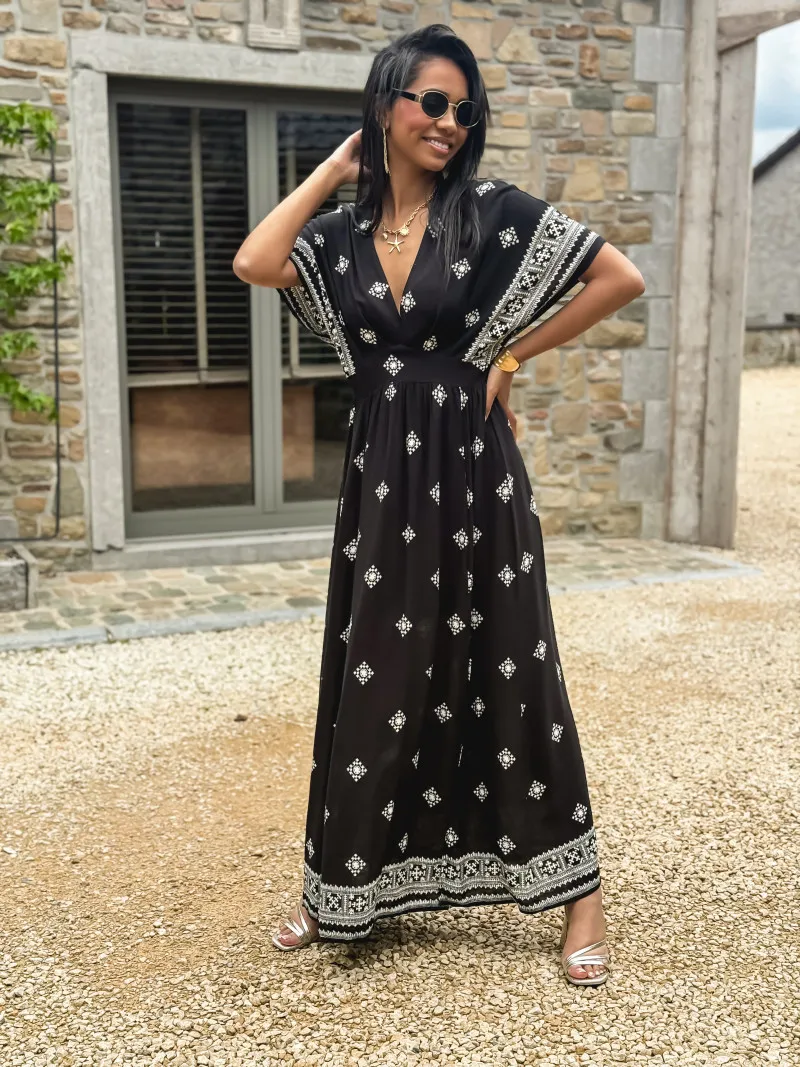 KATALYNA PATTERNED LONG DRESS - BLACK