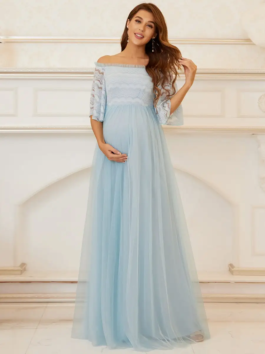 Off Shoulder Wholesale Maternity Bridesmaid Dresses With Lace Sleeves