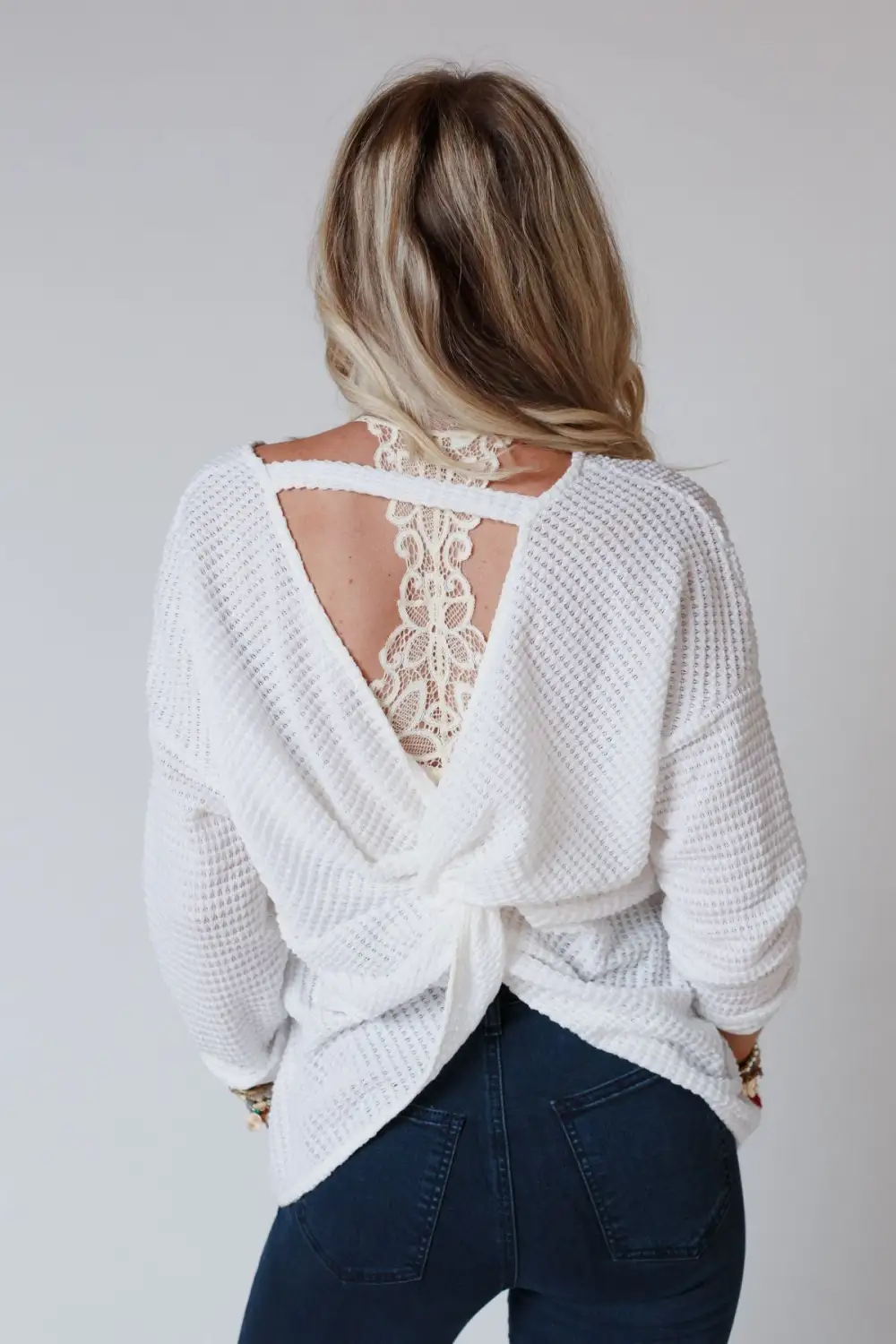 Flattering Open Back Thermal Knit Top - Cream