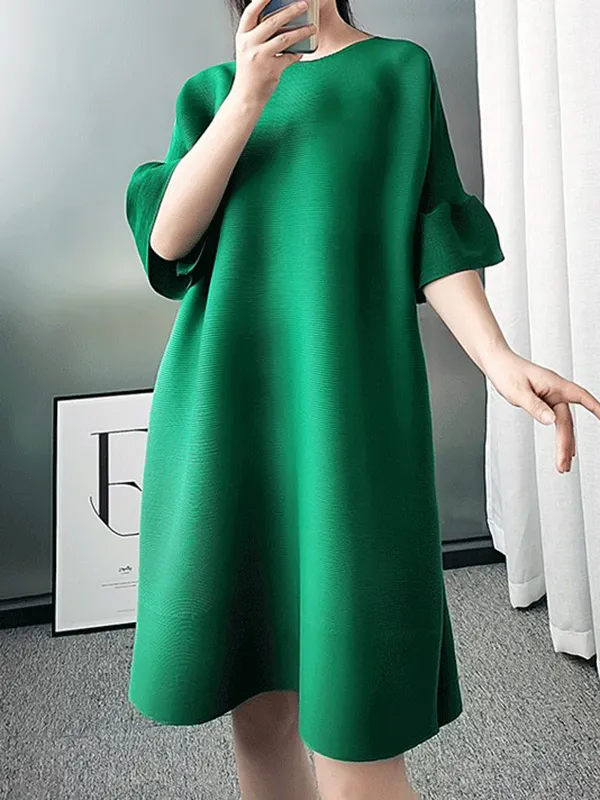 Stylish Selection Flared Sleeves A-Line Pleated Solid Color Round-Neck Midi Dresses