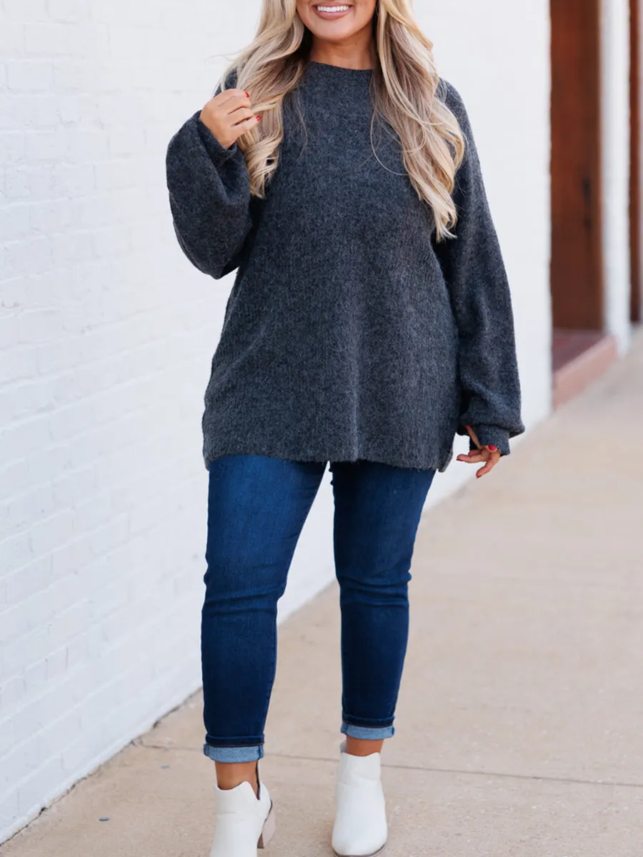 Dark gray lantern sleeved loose knit sweater