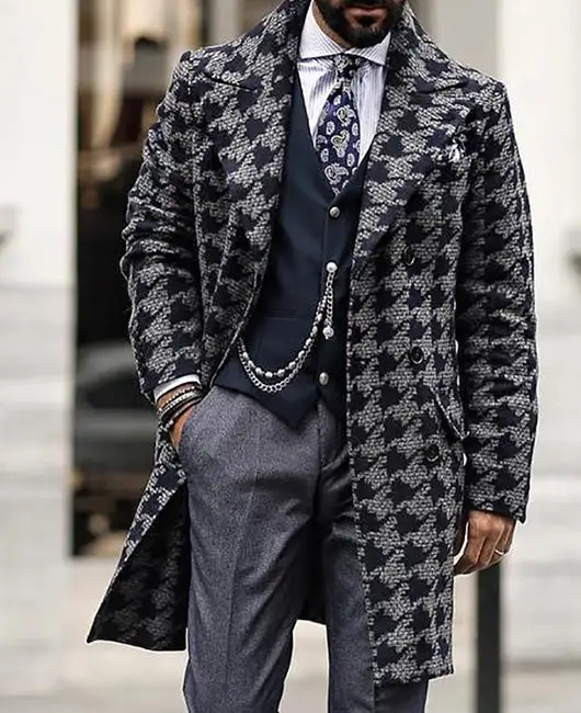 Men Lapel Collar Houndstooth Print Coat