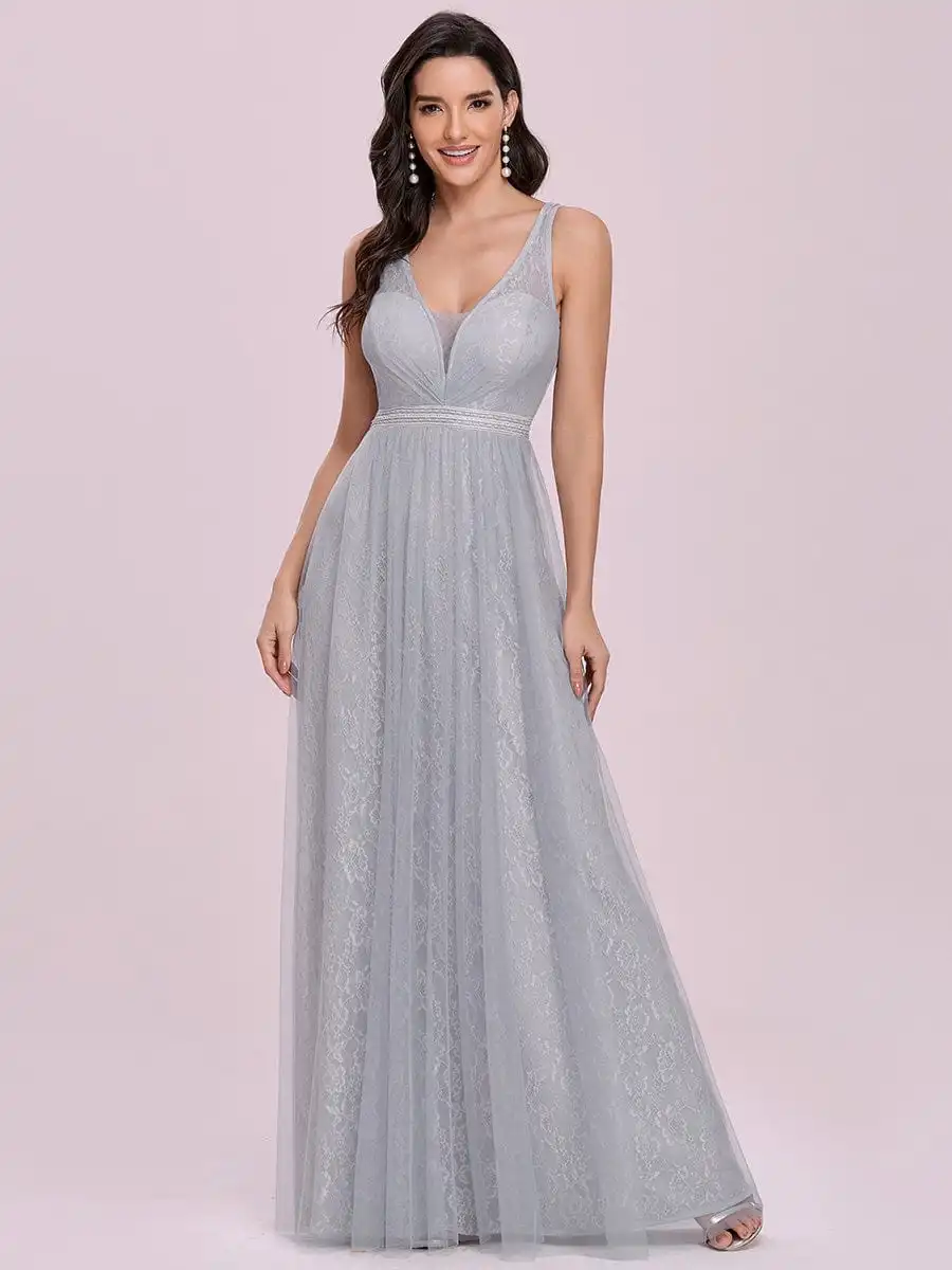 Gorgeous V Neck Lace & Tulle Maxi Wholesale Bridesmaid Dress