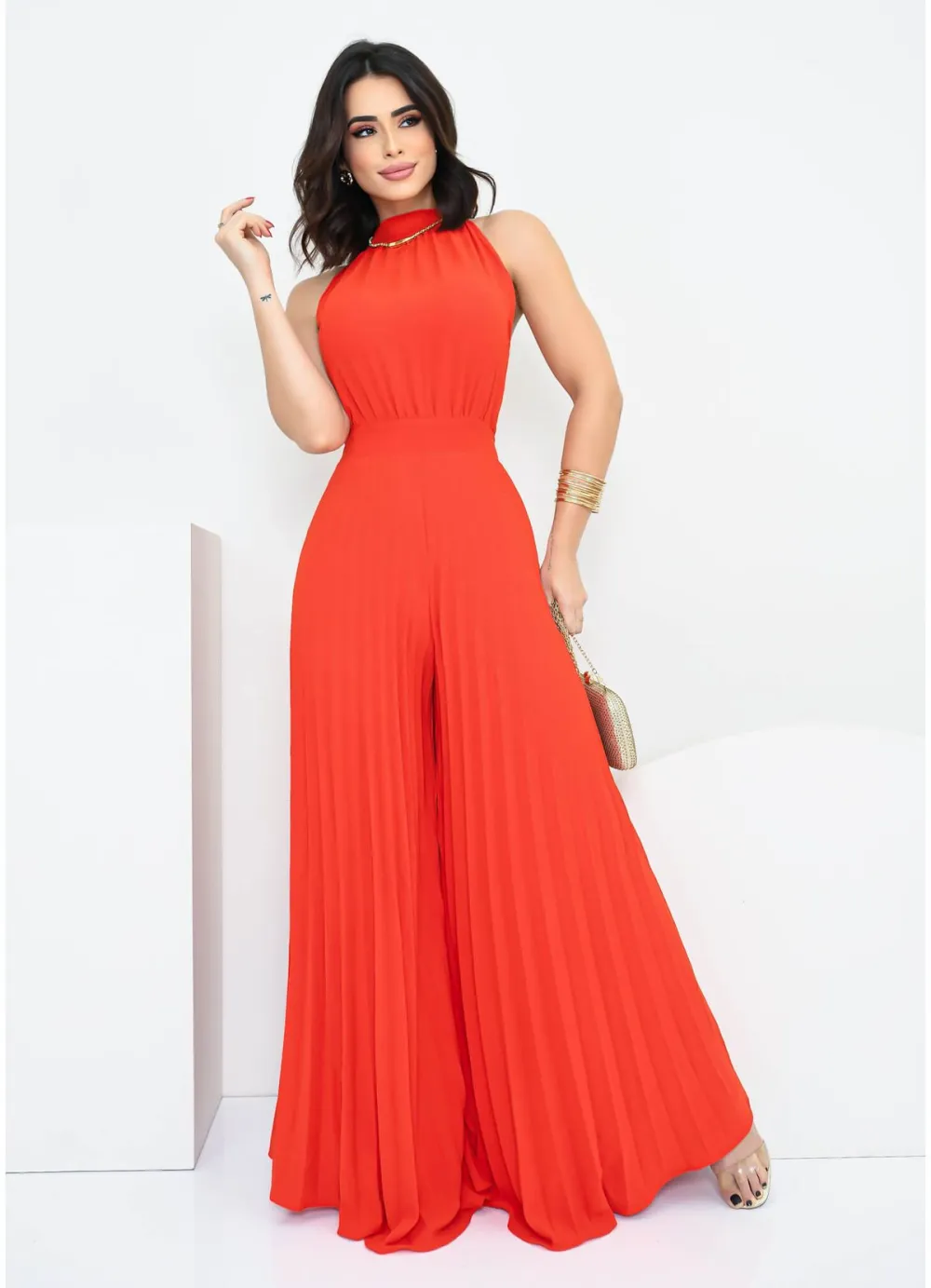 PLEATED WIDE LEG JUMPSUIT WITH TIE BACK