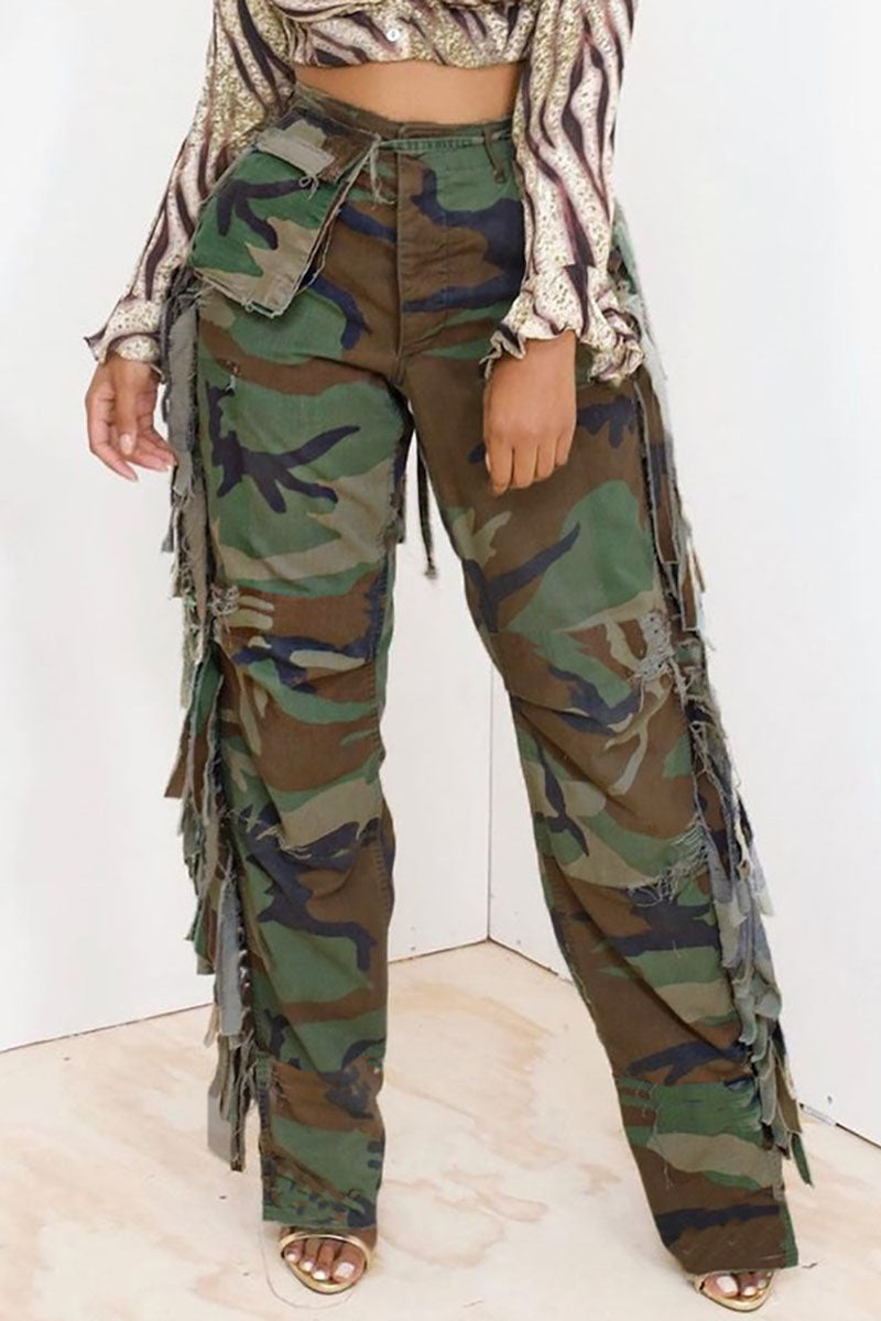 Fringed Camo Print Tied Waist Pocket Casual Pants