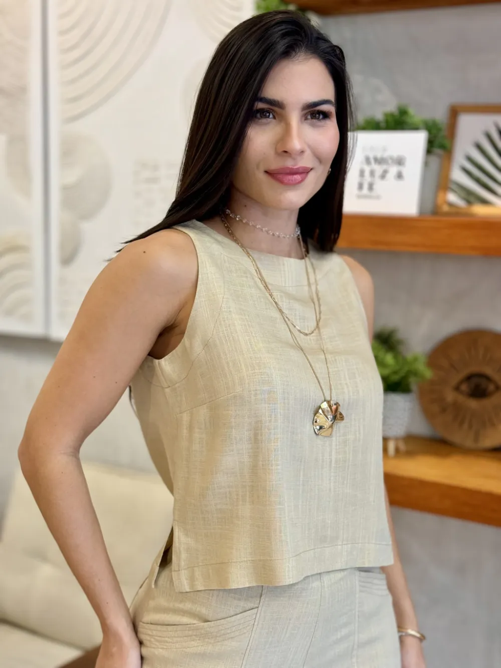 Andreza Beige Linen T-Shirt