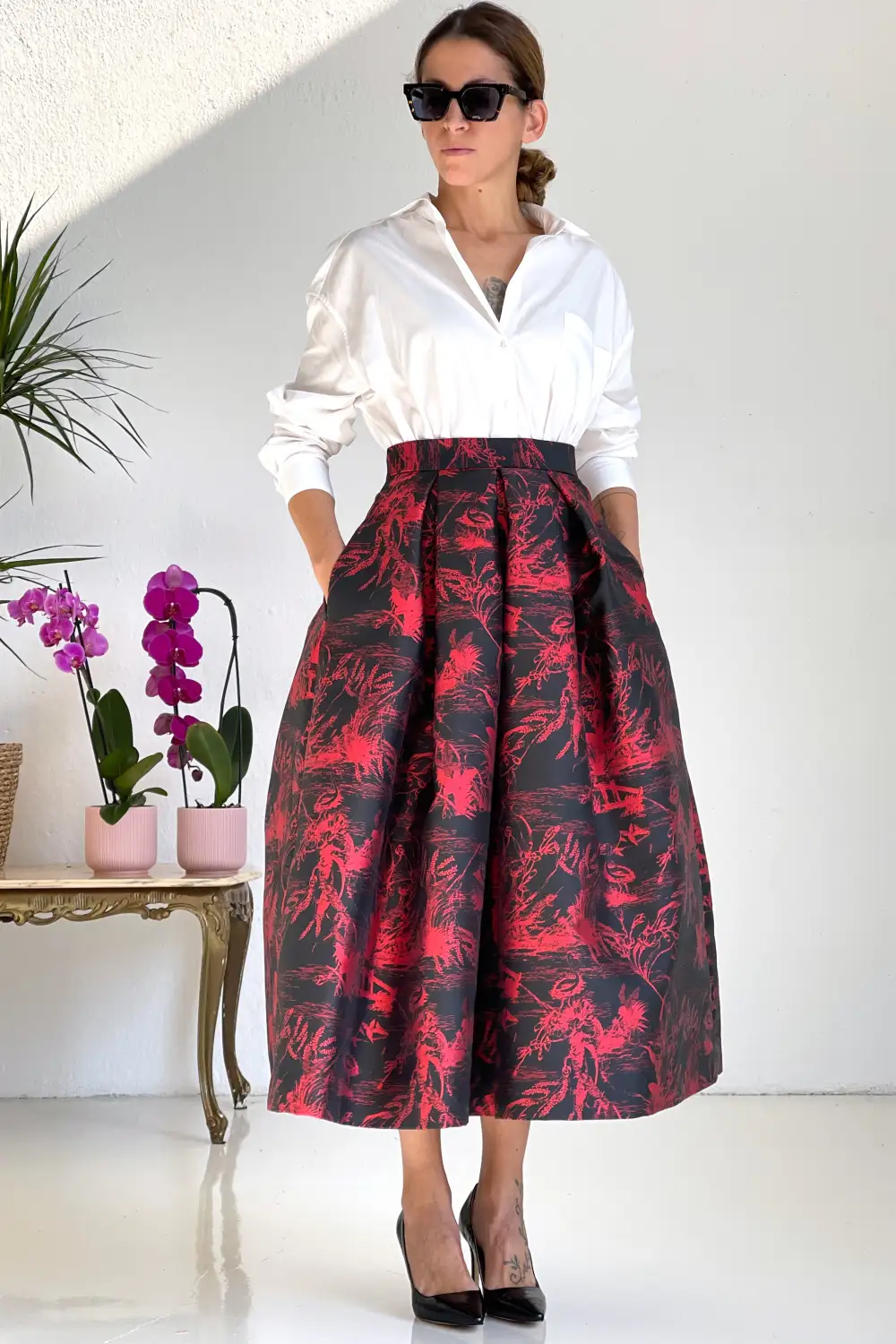 Gonna midi Toile de Jouy Black/Red