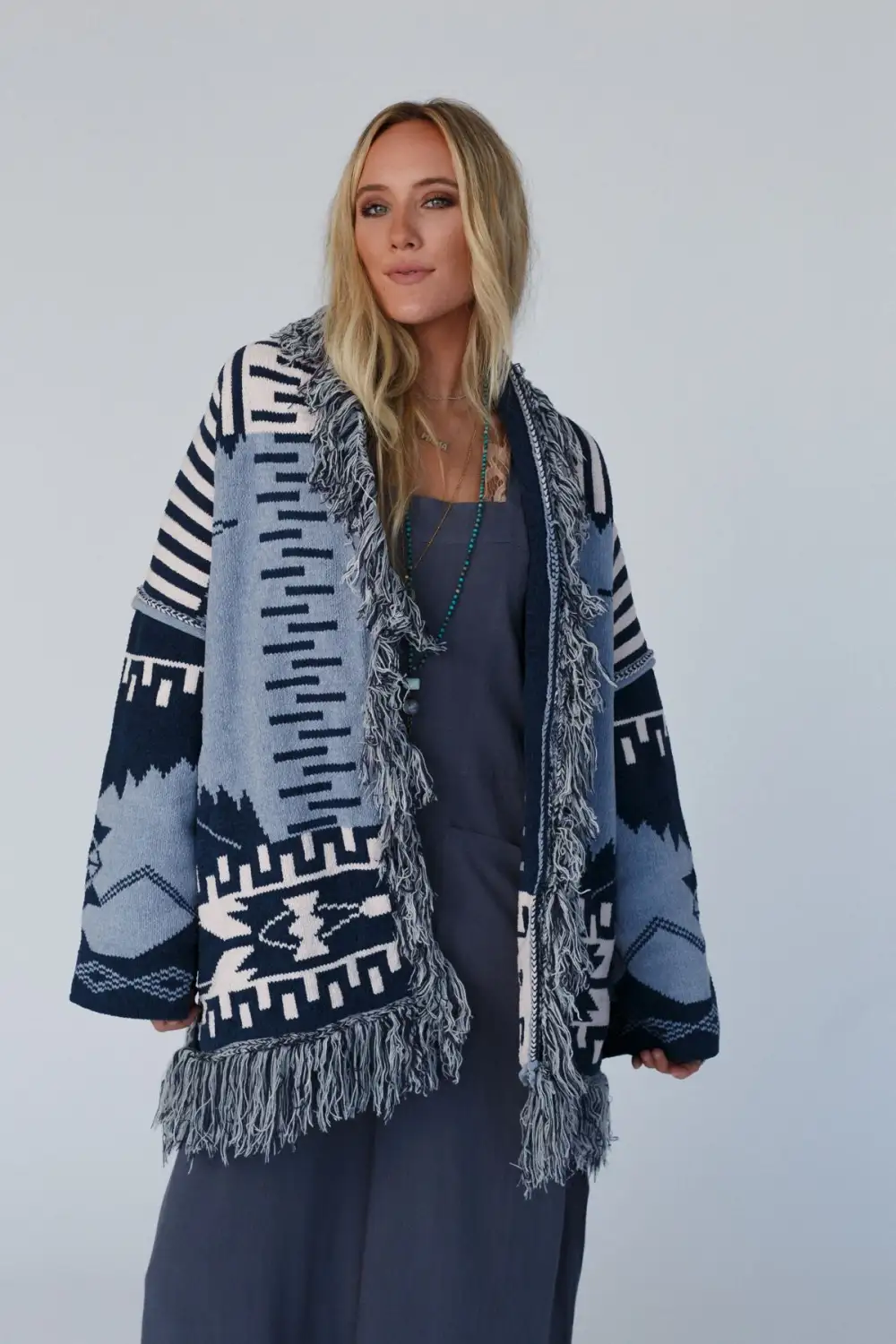 Sky Canyon Aztec Fringe Cardigan - Blue