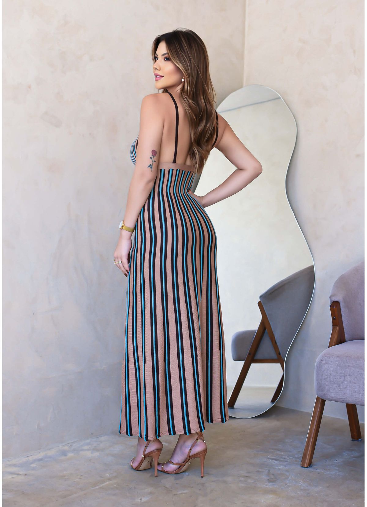 MODAL STRIPED V-NECK MIDI DRESS